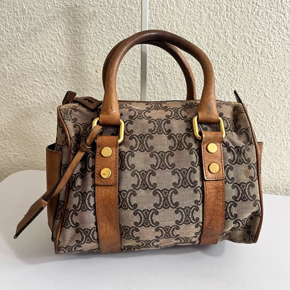 Celine Brown Patterned Canvas Satchel Handbag with Leather Trim